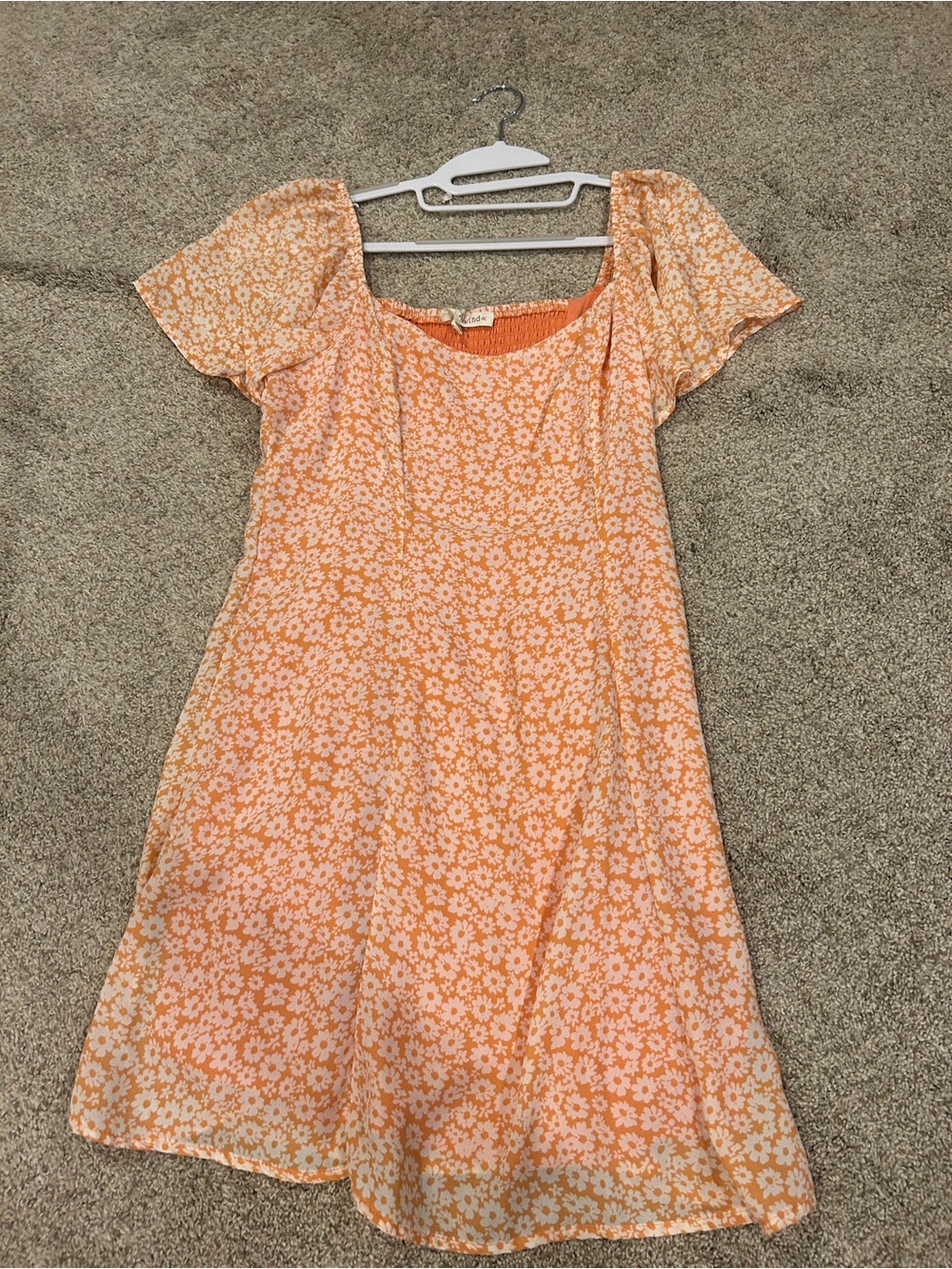 Rewind Peach Floral Square-Neck Short Sleeve Dress